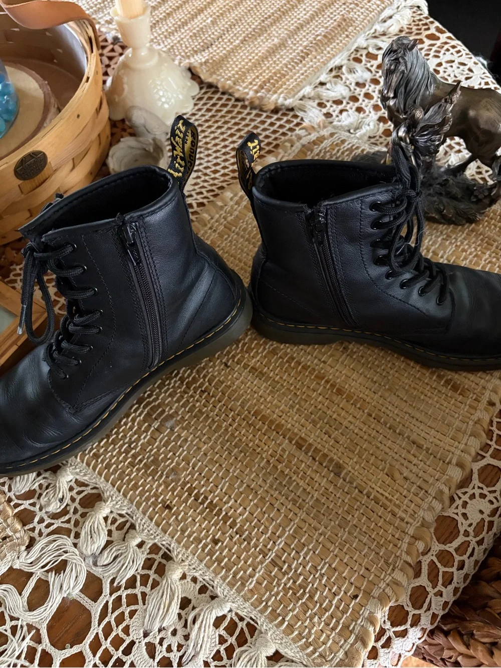 Dr Martens 1460Y Air Wair Black Lace-Up Leather Combat Boots with Side Zip